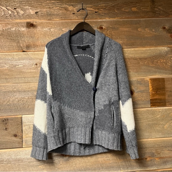 Skull Cashmere Chunky Knit Button Cardigan Sweater Colorblock Gray Oversized XS - Picture 13 of 13